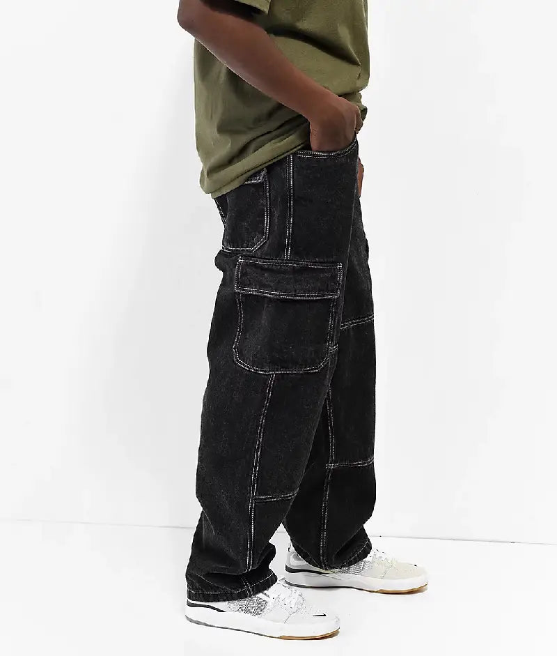 Empyre Loose Fit Black Denim Cargo Skate Jeans